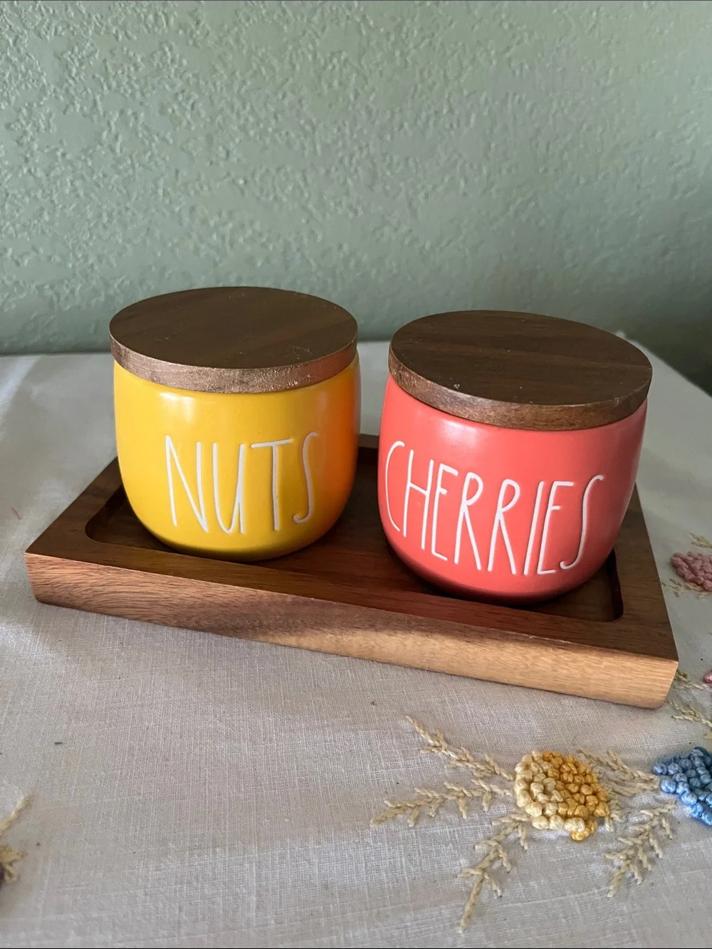 Rae Dunn Ceramic Pantry Jars – NUTS & CHERRIES – Yellow & Coral